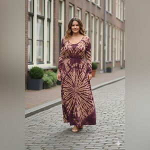 Purple and tan tie dye long sleeve maxi dress size L Go Couture